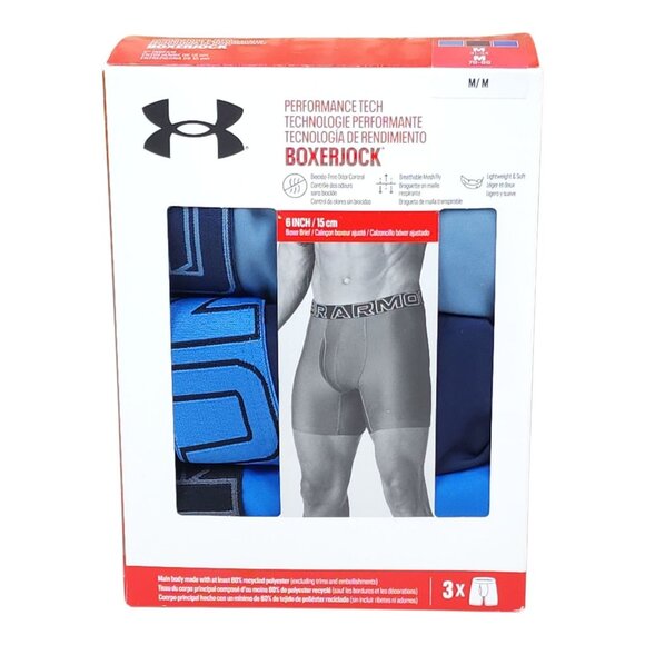 Under Armour Mens Performance Tech Boxerjock Briefs Medium 6 Inch Blue 3-Pack - Picture 1 of 10